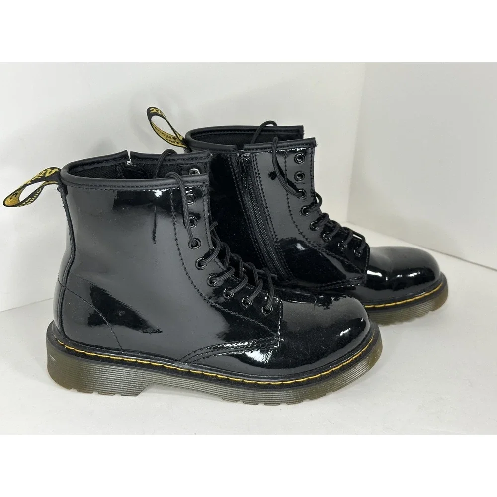 Dr. Martens Combat Boots Youth Kids Sz 3 Black Patent Leather Lace‎ Zip 1460J
